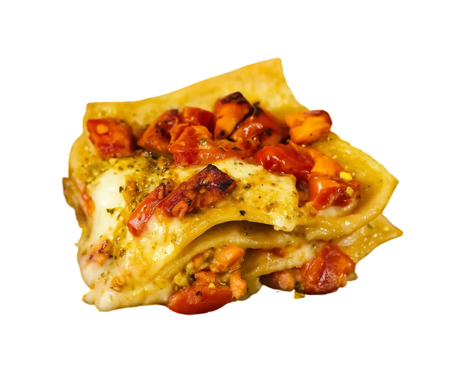 Lasaña de salmón, tomate cherry y pistachos